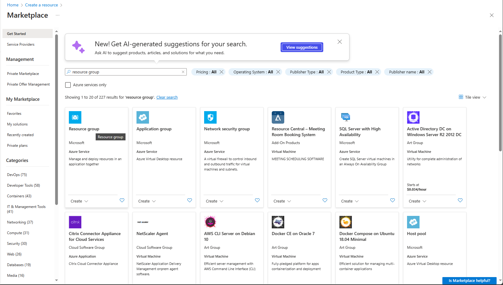 Find a resource group in your marketplace
