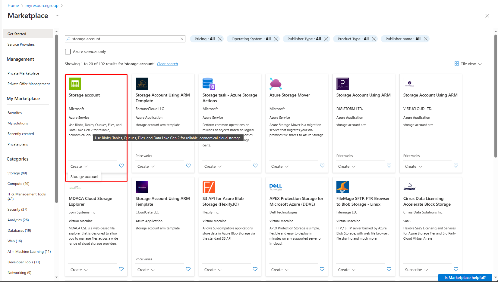 Find storage account in marketplace