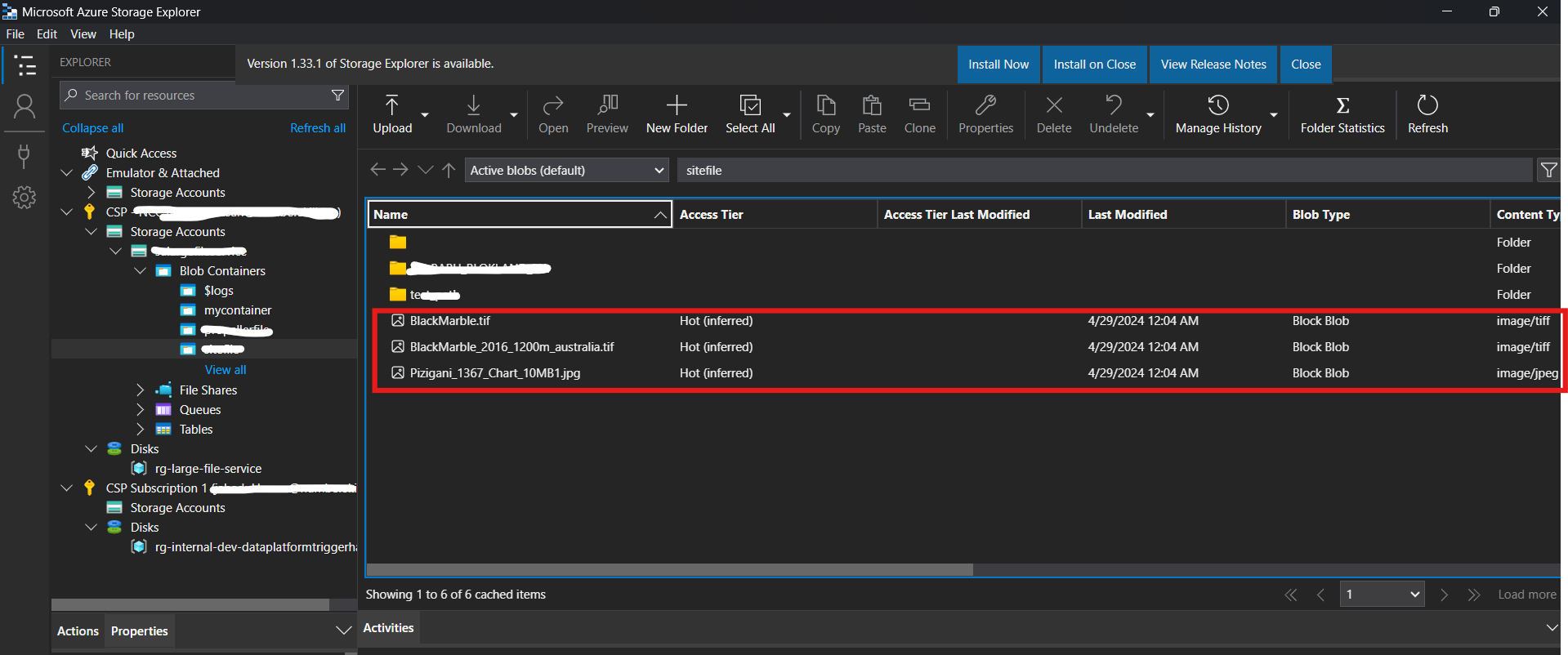 Verify that the large files have been uploaded to Azure Blob Storage