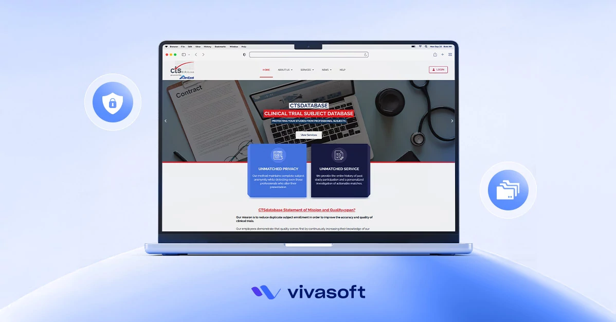 Laptop screen displaying the CTSdatabase interface for clinical trial subject registry and duplicate prevention developed by Vivasoft Ltd.
