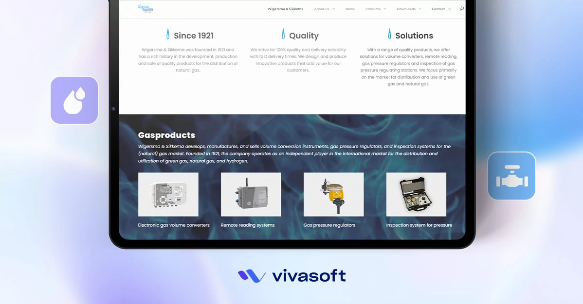 Featured image for Wigersma & Sikkema case study showing detailed website sections for gas products, electronic converters, and pressure inspection systems.