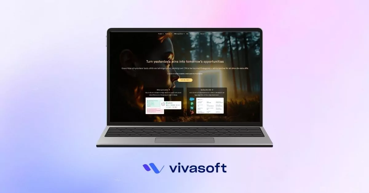 Vivasoft and Goava partnership showcase featuring the Goava platform interface on a laptop against a soft purple gradient background.