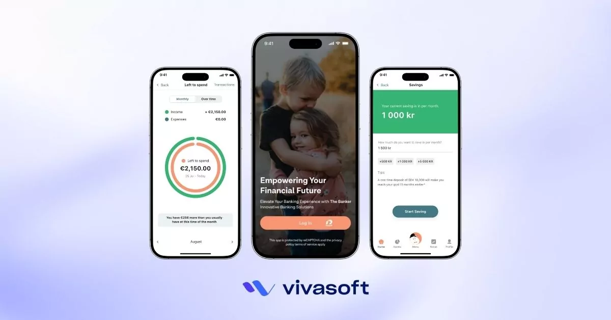 Three mobile screens displaying the Penny fintech app interface, featuring an expense tracker, a login screen with two children, and a savings goal calculator, set against a gradient background with the Vivasoft logo.